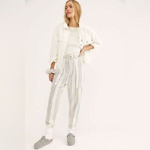 Free People Semi Sweet Cropped Cotton Pants White with Blue Stripes
